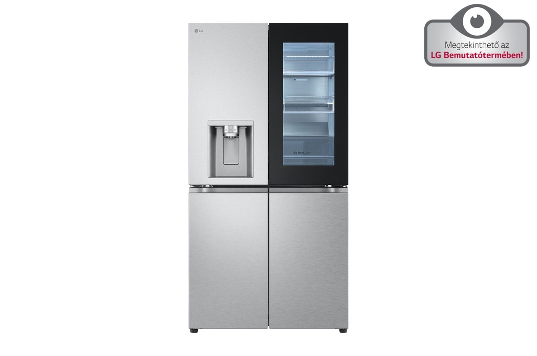 LG InstaView™ Négyajtós hűtőszekrény DoorCooling⁺™, Craft Ice™ és ThinQ™ technológia, 638L kapacitás, Elölnézet, GMG960MBEE