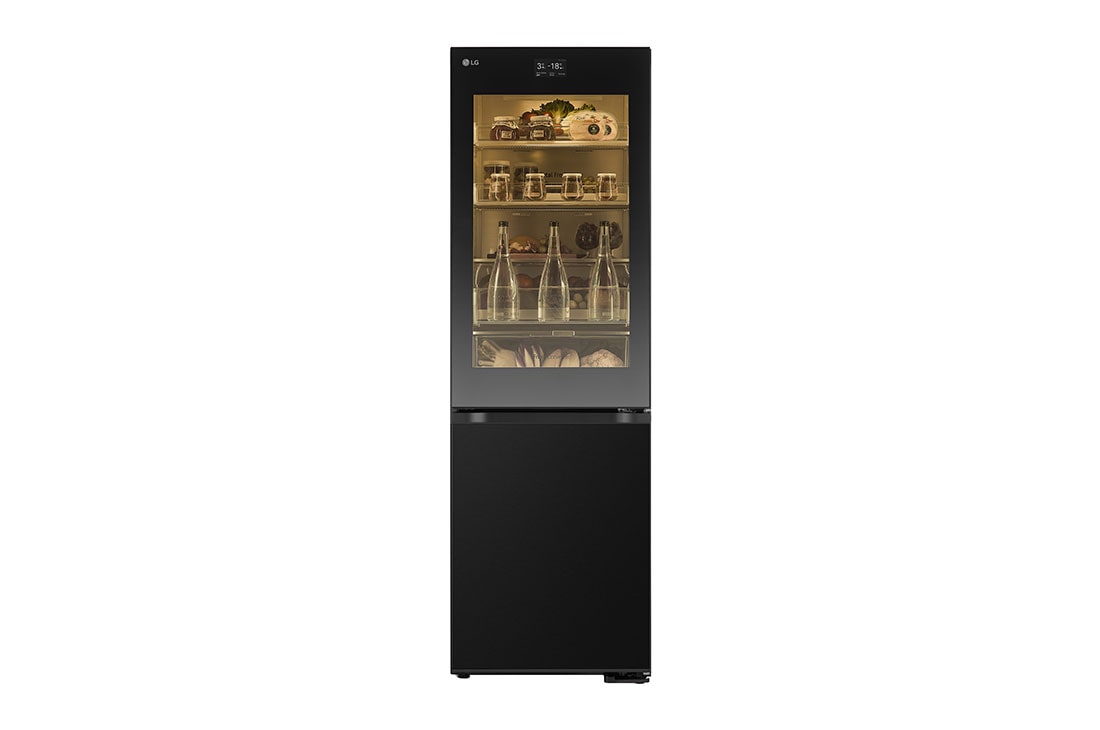LG InstaView™ alulfagyasztós hűtőszekrény, DoorCooling+™ és ThinQ™ technológia, 349 L kapacitás, Elölnézet, minden ajtó nyitva, élelmiszerekkel, GBG7190CEV
