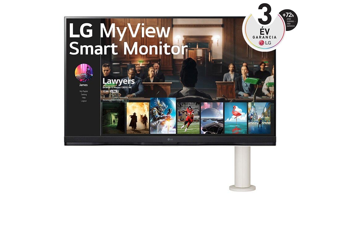 LG 32”-os 16:9 képarányú 4K UHD MyView Smart Monitor Ergo állvánnyal és webOS platformmal, a monitor elölnézete, a kar a jobb oldalon, 32SQ780S-W