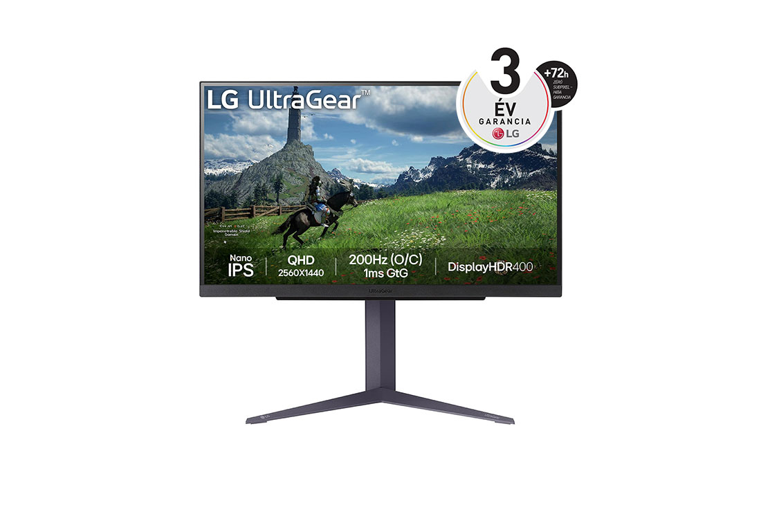 LG 27”-os UltraGear™ IPS 16:9 képarányú QHD gaming monitor akár 200 Hz-es képfrissítési sebességgel, elölnézet, 27GS85Q-B