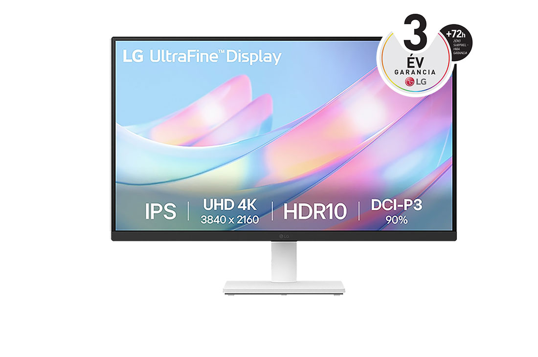 LG 27”-os UltraFine™ 16:9 képarányú 4K IPS monitor 60 Hz-es képfrissítési sebességgel, elölnézet, 27US500-W