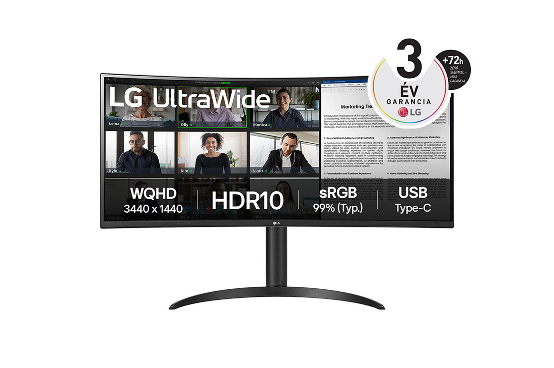 LG 34”-os UltraWide™ 21:9 képarányú, ívelt VA monitor 100 Hz-es képfrissítési sebességgel, elölnézet, 34WR55QK-B