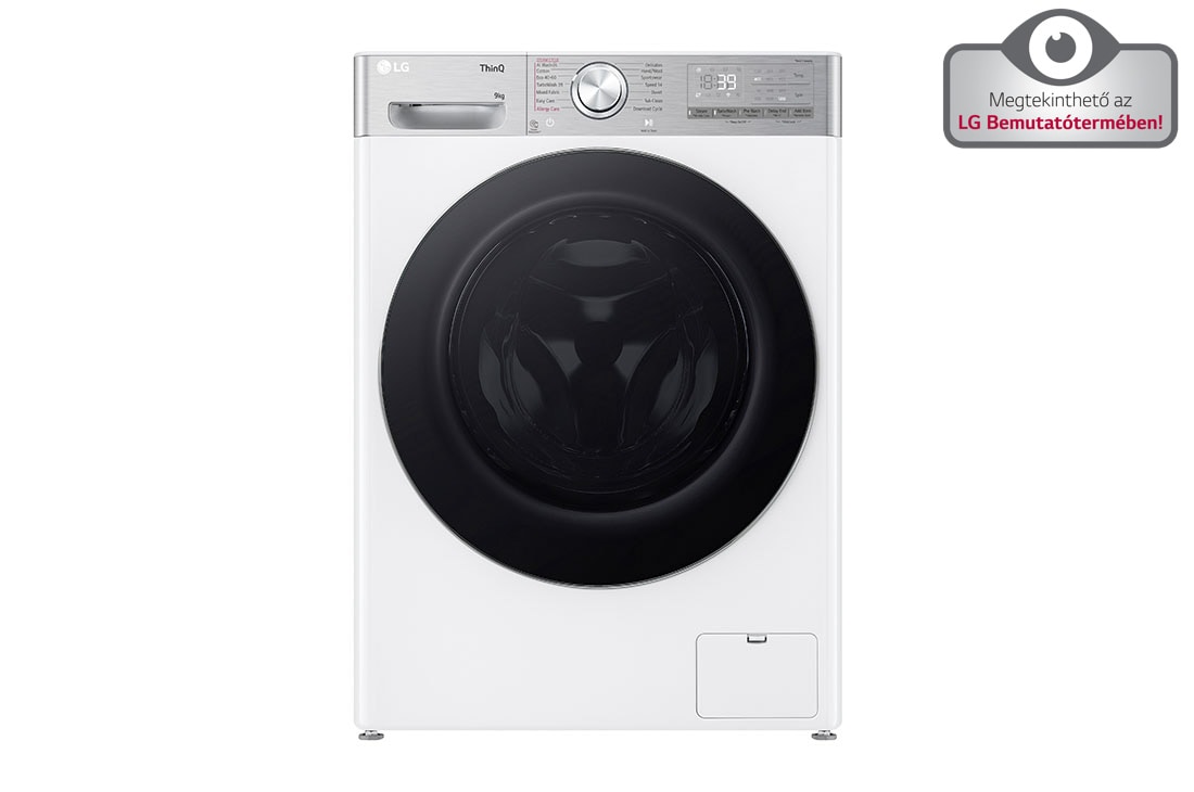 LG 9 kg, max. 1200 ford./perc, Gőzmosógép, TurboWash™360, AI DD™ és WiFi funkció, Keskeny kialakítás, Elölnézet, F2WR909P3W