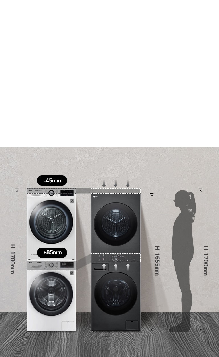 A kép demonstrálja a méretkülönbségeket az LG WashTower és a hagyományos módon egymásra épített mosógép és szárítógép között. 