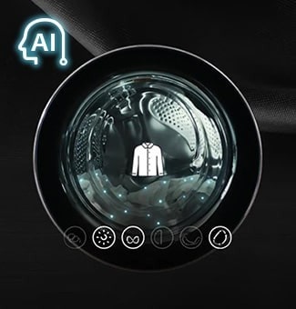 A képen egy mosógép ajtaja látszik, rajta egy ing ikonnal és azt illusztrálja, ahogy az AI kiválasztja az optimális dobmozgásokat.