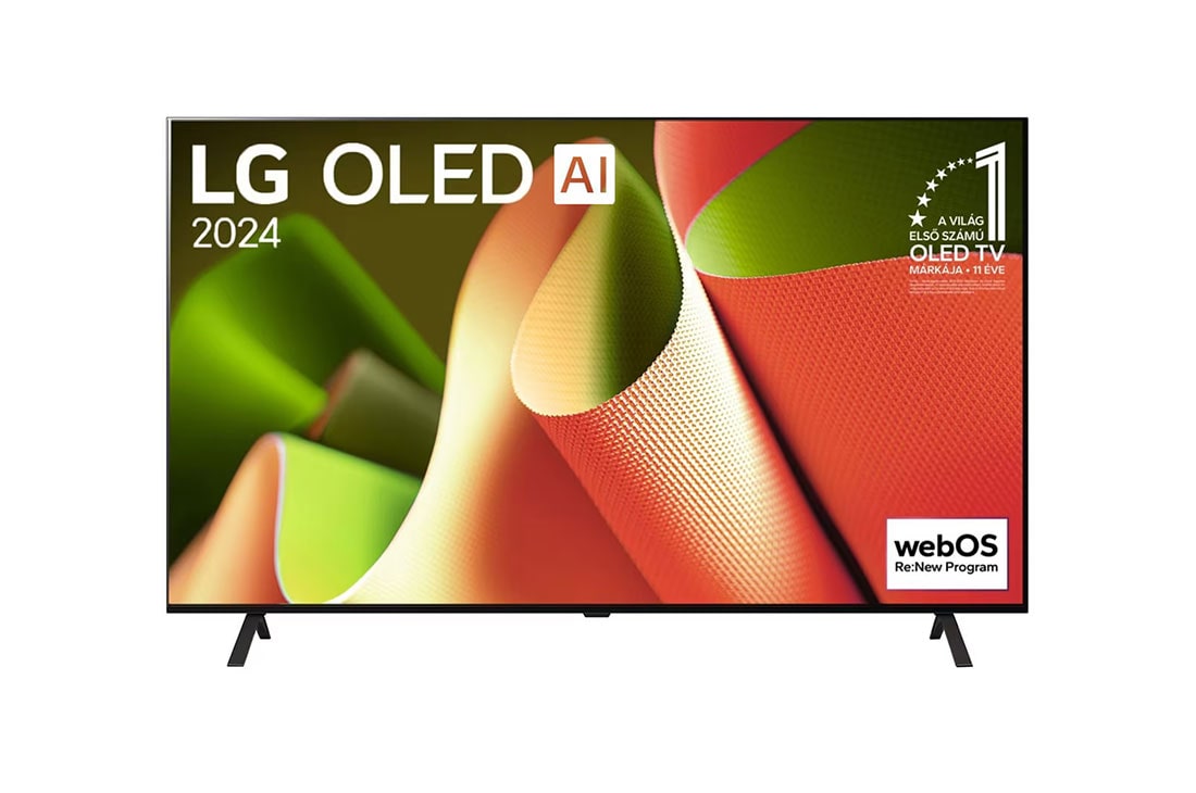 LG 77 colos LG OLED AI B4 4K Smart TV 2024, LG OLED TV, OLED AI B4 elölnézet, 11 Years of world number 1 OLED embléma és webOS Re:New Program logó látható a képernyőn, kétoszlopos állvánnyal, OLED77B43LA