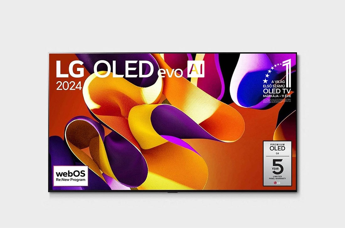 LG 97 colos LG OLED evo AI G4 4K Smart TV 2024, Elölnézet: LG OLED evo AI TV, OLED G4, 11 Years of world number 1 OLED embléma, webOS Re:New Program logó és 5-Year Panel Warranty logó a képernyőn, OLED97G42LW