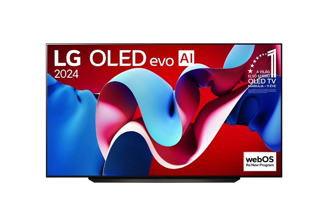 LG 83 colos LG OLED evo AI C4 4K Smart TV 2024, LG OLED evo AI TV, OLED C4 elölnézete, 11 Years of world number 1 OLED embléma és webOS Re:New Program logó a képernyőn, OLED83C43LA