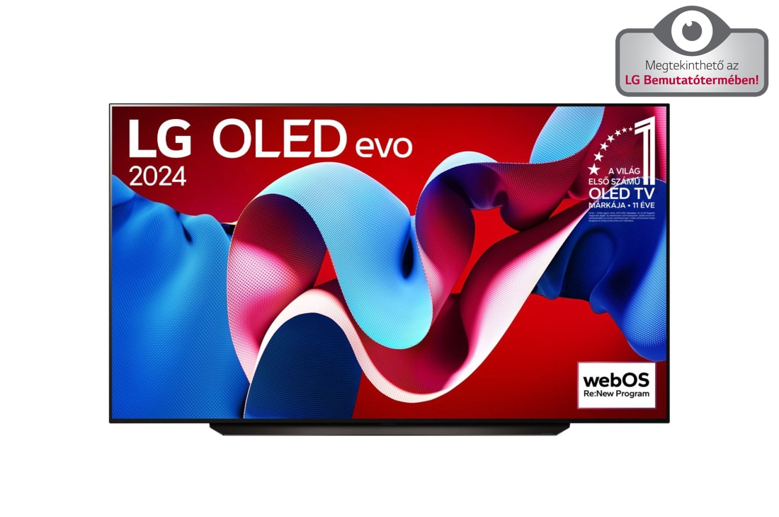 LG 83 colos LG OLED evo C4 4K Smart TV 2024, LG OLED evo TV elölnézet, OLED C4, 11 Years of world number 1 OLED (11 éve a világ első számú OLED-je) embléma látható a képernyőn, OLED83C41LA