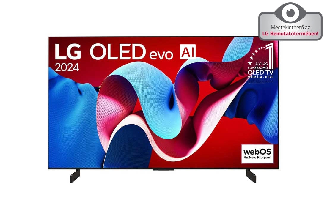 LG 42 colos LG OLED evo AI C4 4K Smart TV 2024, LG OLED evo AI TV, OLED C4 elölnézete, 11 Years of world number 1 OLED embléma és webOS Re:New Program logó a képernyőn, OLED42C41LA