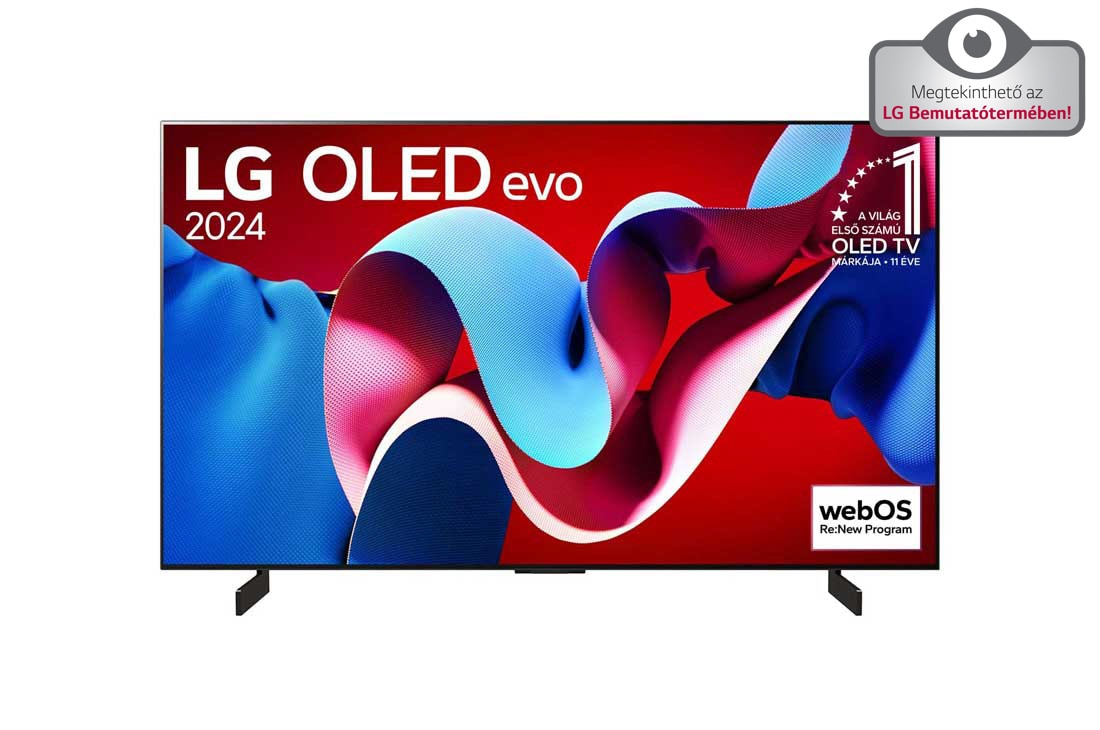 LG 42 colos LG OLED evo C4 4K Smart TV 2024, LG OLED evo TV elölnézet, OLED C4, 11 Years of world number 1 OLED (11 éve a világ első számú OLED-je) embléma látható a képernyőn, OLED42C41LA