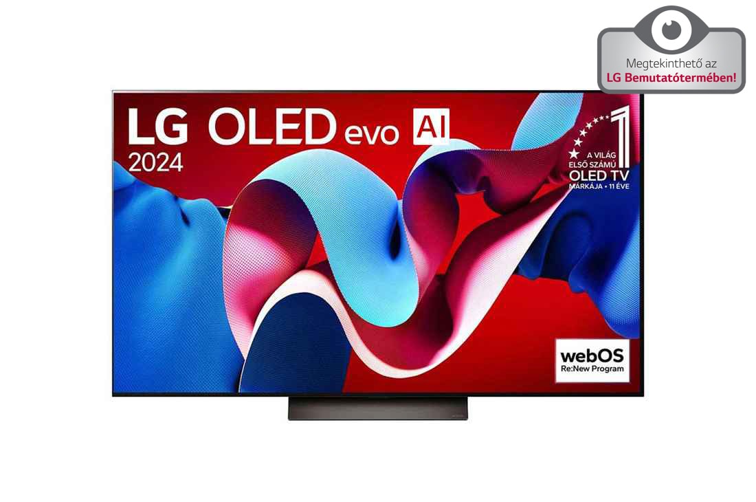 LG 55 colos LG OLED evo AI C4 4K Smart TV 2024, LG OLED evo AI TV, OLED C4 elölnézete, 11 Years of world number 1 OLED embléma logó és webOS Re:New Program logó a képernyőn, OLED55C41LA