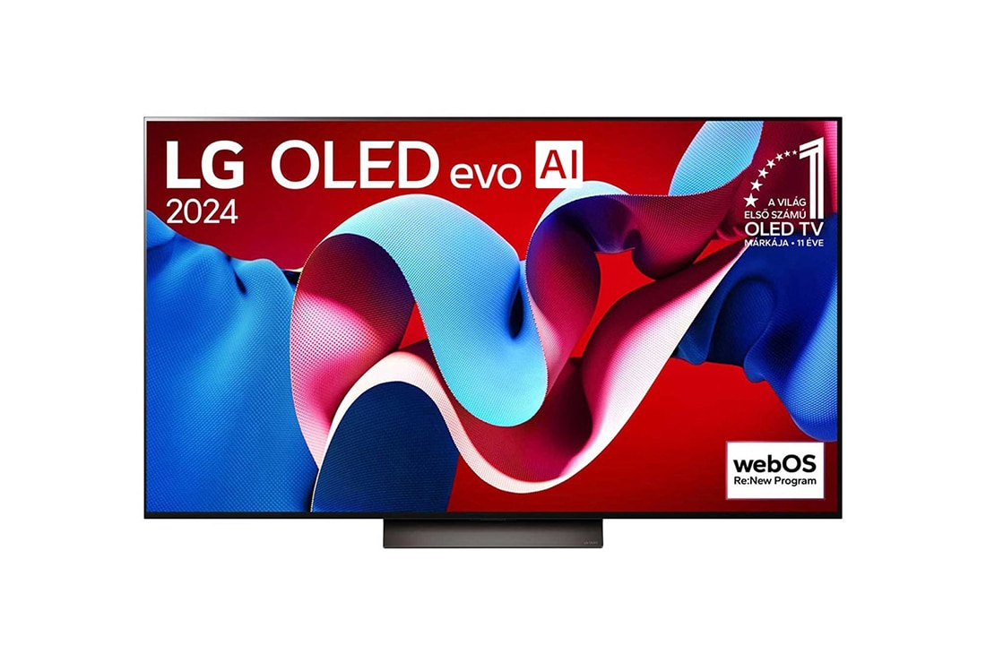 LG 65 colos LG OLED evo AI C4 4K Smart TV 2024, LG OLED evo AI TV, OLED C4 elölnézete, 11 Years of world number 1 OLED embléma és webOS Re:New Program logó a képernyőn, OLED65C43LA