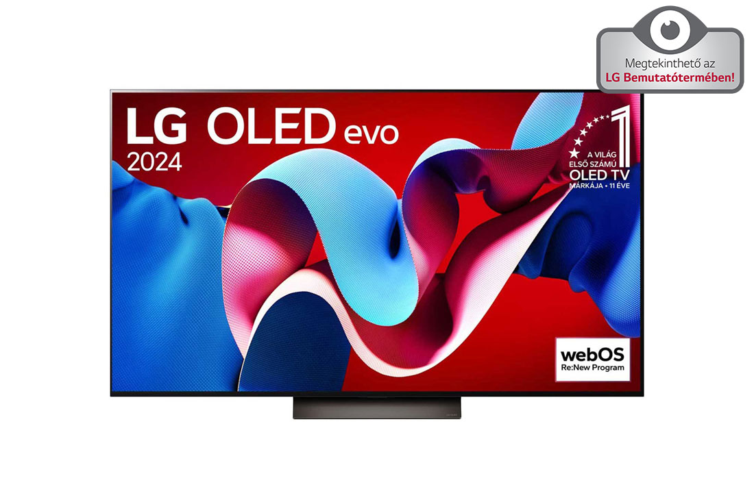 LG 65 colos LG OLED evo C4 4K Smart TV 2024, Az LG OLED evo TV, OLED C4 elölnézete, 11 Years of world number 1 OLED Emblem logo a képernyőn, valamint a hangprojektor alatta, OLED65C41LA