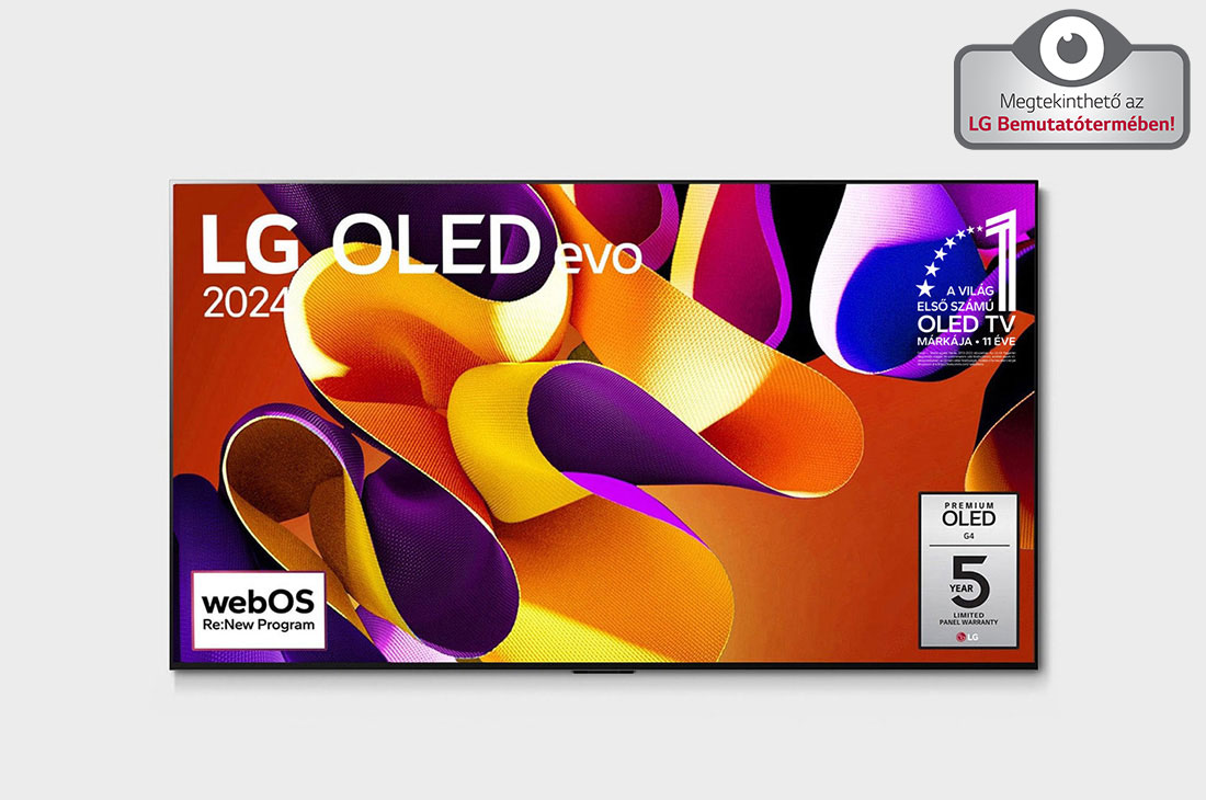 LG 65 colos LG OLED evo G4 4K Smart TV 2024, Elölnézet: LG OLED evo TV, OLED G4, 11 Years World No. 1 OLED (11 éve a világ első számú OLED-je) embléma és 5-Year Panel Warranty (5 év kijelzőpanel garancia) logó látható a képernyőn., OLED65G42LW