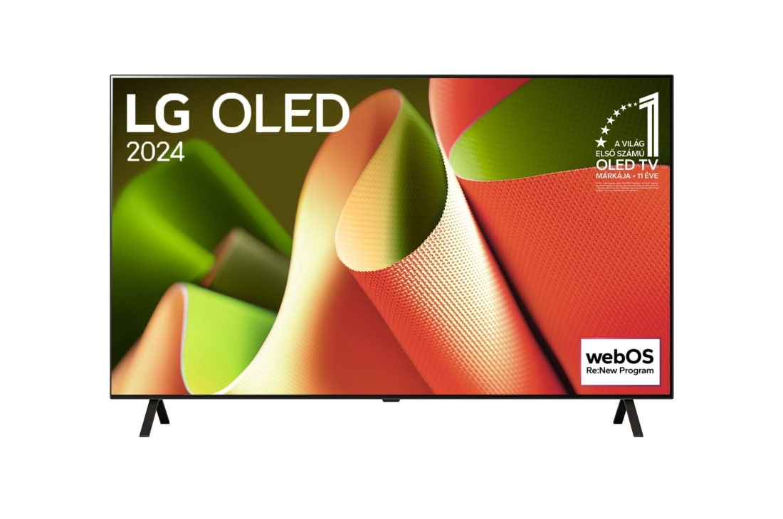LG 55 colos LG OLED B4 4K Smart TV 2024, LG OLED TV elölnézet, OLED B4, 11 Years of world number 1 OLED (11 éve a világ első számú OLED-je) embléma látható a képernyőn, kétoszlopos állvánnyal, OLED55B43LA