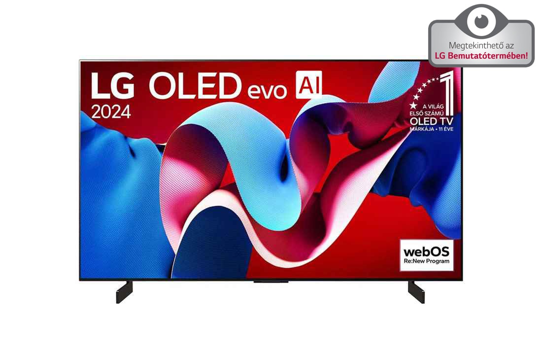 LG 42 colos LG OLED evo AI C4 4K Smart TV 2024, LG OLED evo AI TV, OLED C4 elölnézete, 11 Years of world number 1 OLED embléma és webOS Re:New Program logó a képernyőn, OLED42C42LA