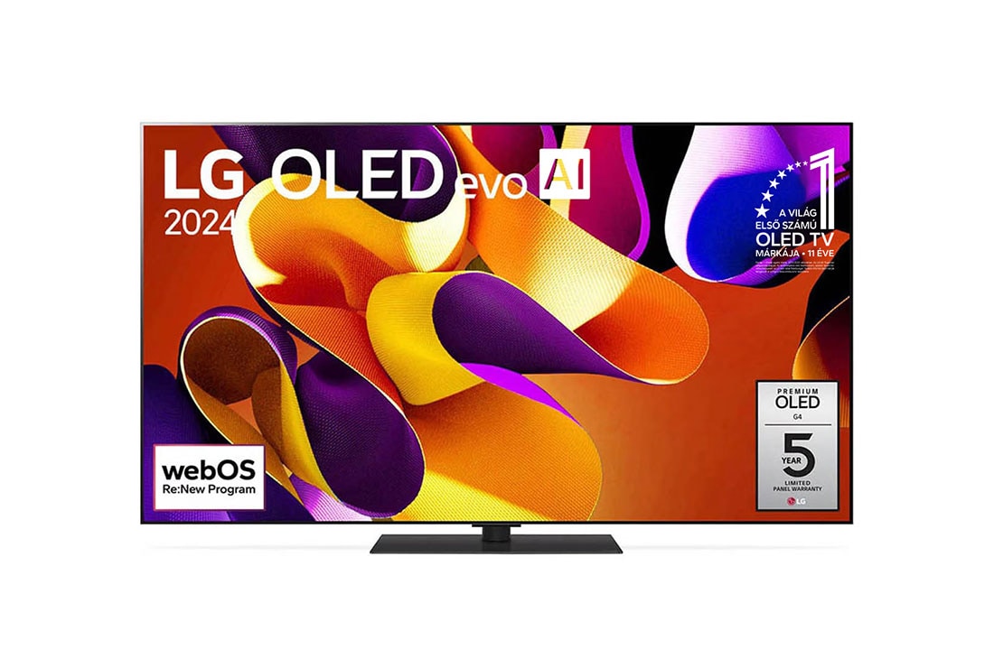 LG 55 colos LG OLED evo AI G4 4K Smart TV 2024, Elölnézet: LG OLED evo AI TV, OLED G4, 11 Years of world number 1 OLED embléma, webOS Re:New Program logó és 5-Year Panel Warranty logó a képernyőn, OLED55G43LS