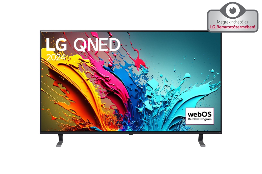 LG 65 colos LG QNED85T3C 4K Smart TV 2024, LG QNED TV, QNED85 elölnézete az LG QNED, 2024 szöveggel és a webOS Re:New Program logóval a képernyőn, 65QNED85T3C