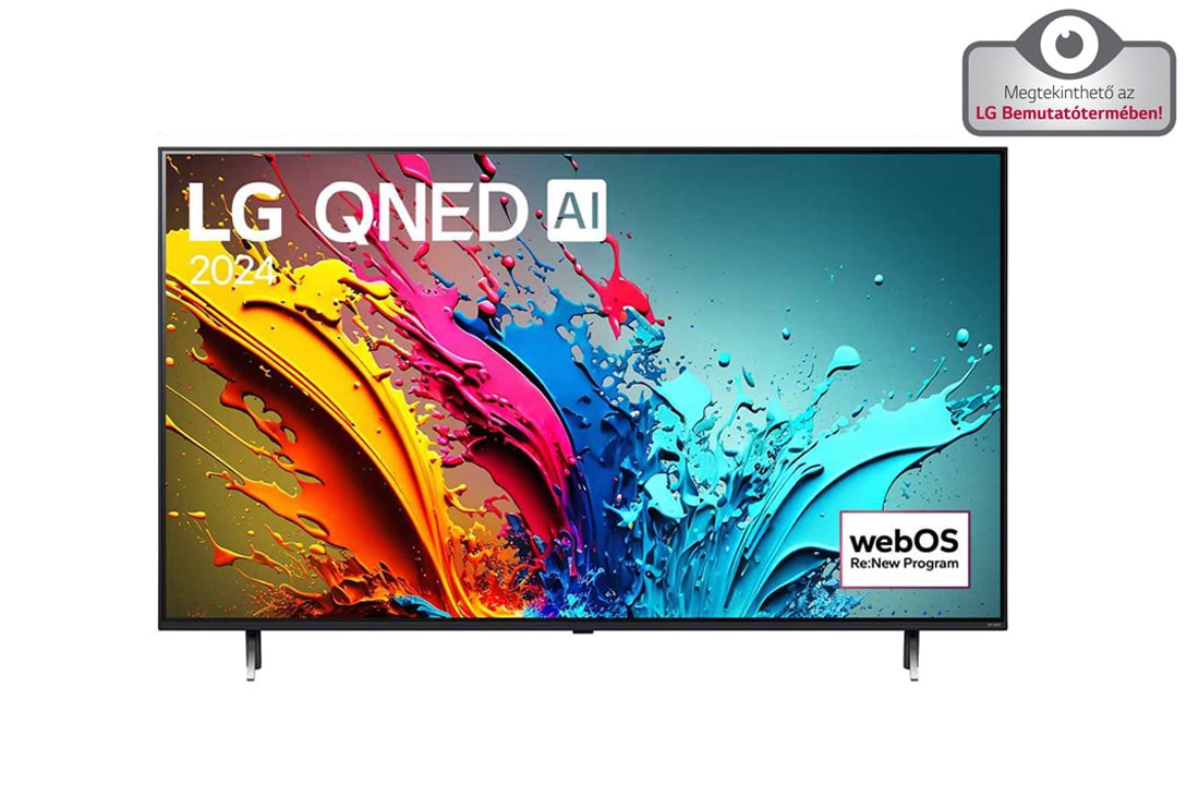 LG 65 colos LG AI QNED85T3C 4K Smart TV 2024, LG QNED TV, QNED85 elölnézete az LG QNED, 2024 szöveggel és a webOS Re:New Program logóval a képernyőn, 65QNED85T3C