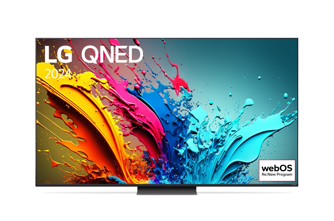 LG 65 colos LG QNED86 4K Smart TV 2024, LG QNED TV, QNED86 elölnézete az LG QNED, 2024 szöveggel és a webOS Re:New Program logóval a képernyőn, 65QNED86T3A