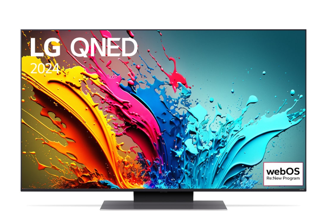 LG 50 colos LG QNED86 4K Smart TV 2024, LG QNED TV, QNED86 elölnézete az LG QNED, 2024 szöveggel és a webOS Re:New Program logóval a képernyőn, 50QNED86T3A