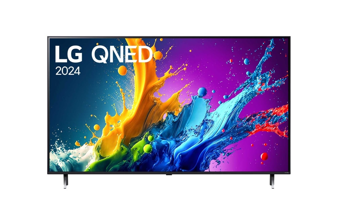 LG 55 colos LG QNED80 4K Smart TV 2024, LG QNED TV, QNED80 elölnézete az LG QNED, 2024 szöveggel és a webOS Re:New Program logóval a képernyőn, 55QNED80T3A