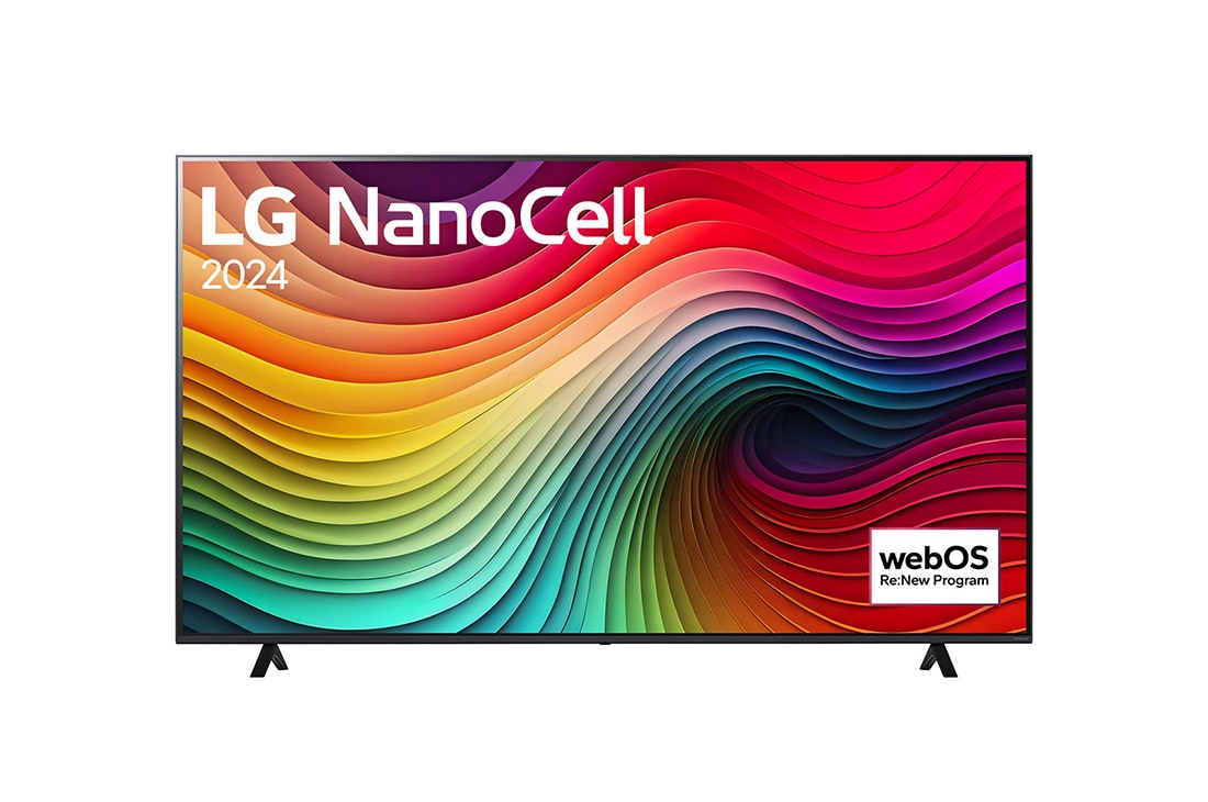LG 75 colos LG NanoCell NANO81 4K Smart TV 2024, LG NanoCell TV, NANO81 elölnézete az LG NanoCell, 2024 szöveggel és a webOS Re:New Program logóval a képernyőn, 75NANO81T3A