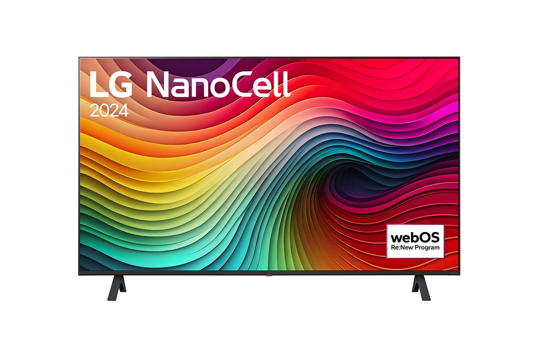 LG 43 colos LG NanoCell NANO82 4K Smart TV 2024, LG NanoCell TV, NANO82 elölnézete az LG NanoCell, 2024 szöveggel és a webOS Re:New Program logóval a képernyőn, 43NANO82T3B