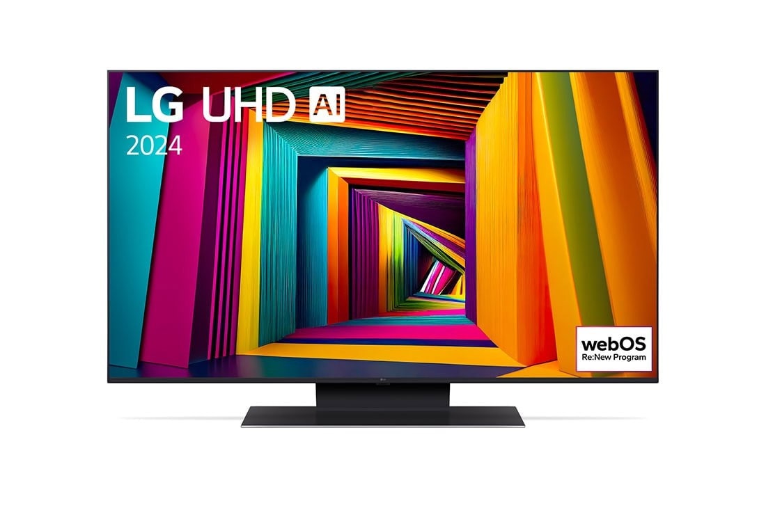 LG 55 colos LG UHD AI UT91 4K Smart TV 2024, LG UHD TV, UT90 elölnézete az LG UHD AI, 2024 szöveggel és a webOS Re:New Program logóval a képernyőn, 55UT91003LA