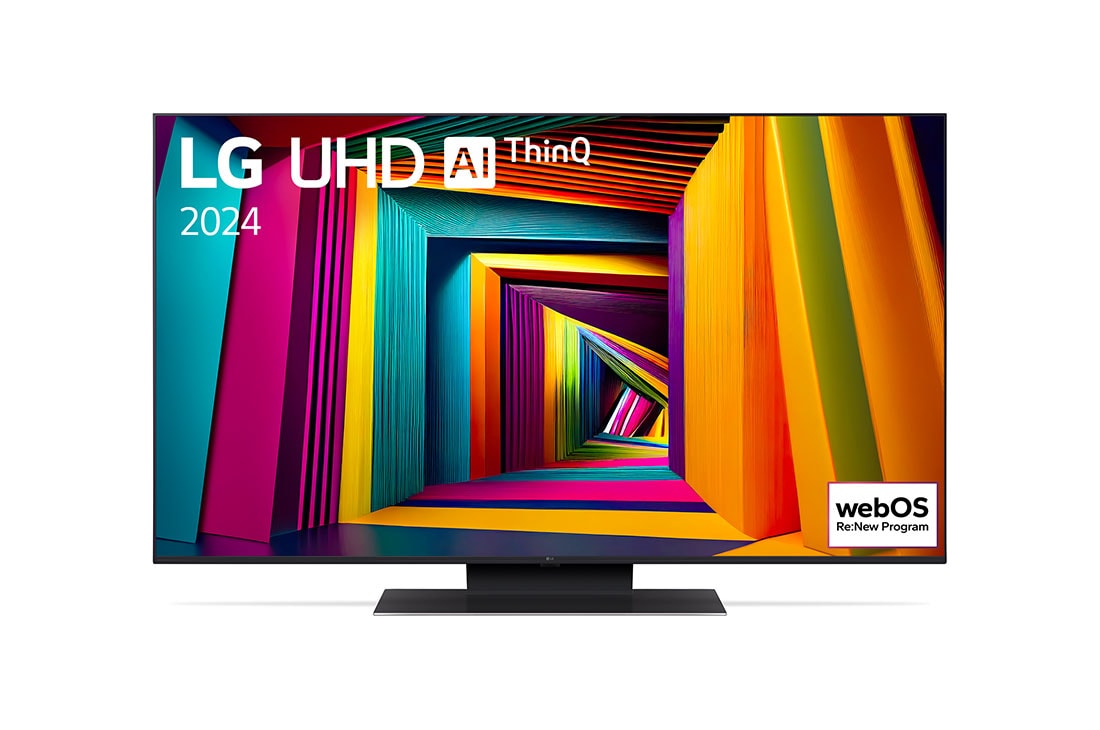 LG 50 colos LG UHD UT91 4K Smart TV 2024, LG UHD TV, UT90 elölnézete az LG UHD AI ThinQ, 2024 szöveggel és a webOS Re:New Program logóval a képernyőn, 50UT91003LA