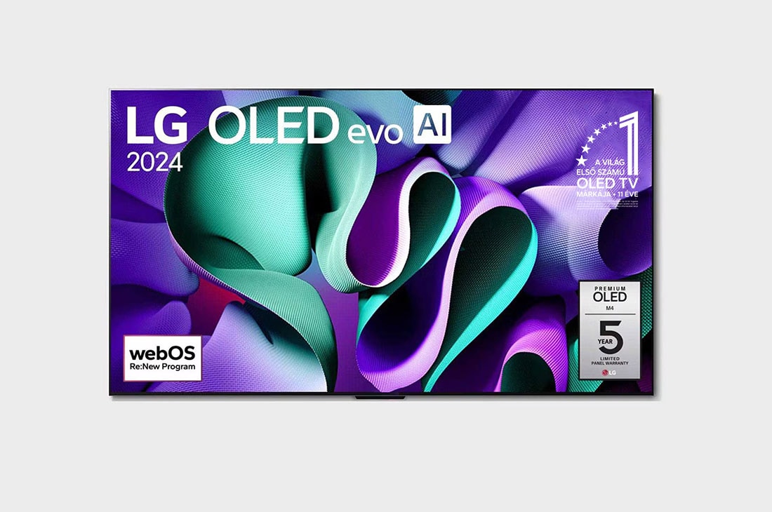 LG 83 colos LG OLED evo AI M4 4K Smart TV 2024, Elölnézet: LG OLED M4 az állványán, alatta a Zero Connect Box, a képernyőn 11 Years of world number 1 OLED embléma, webOS Re:New Program logó és 5-Year Panel Warranty logó, OLED83M49LA