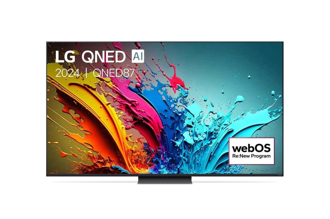 LG 65 colos LG AI QNED87 4K Smart TV 2024, LG QNED TV, QNED87 elölnézete az LG QNED, 2024 szöveggel és a webOS Re:New Program logóval a képernyőn, 65QNED87T3B