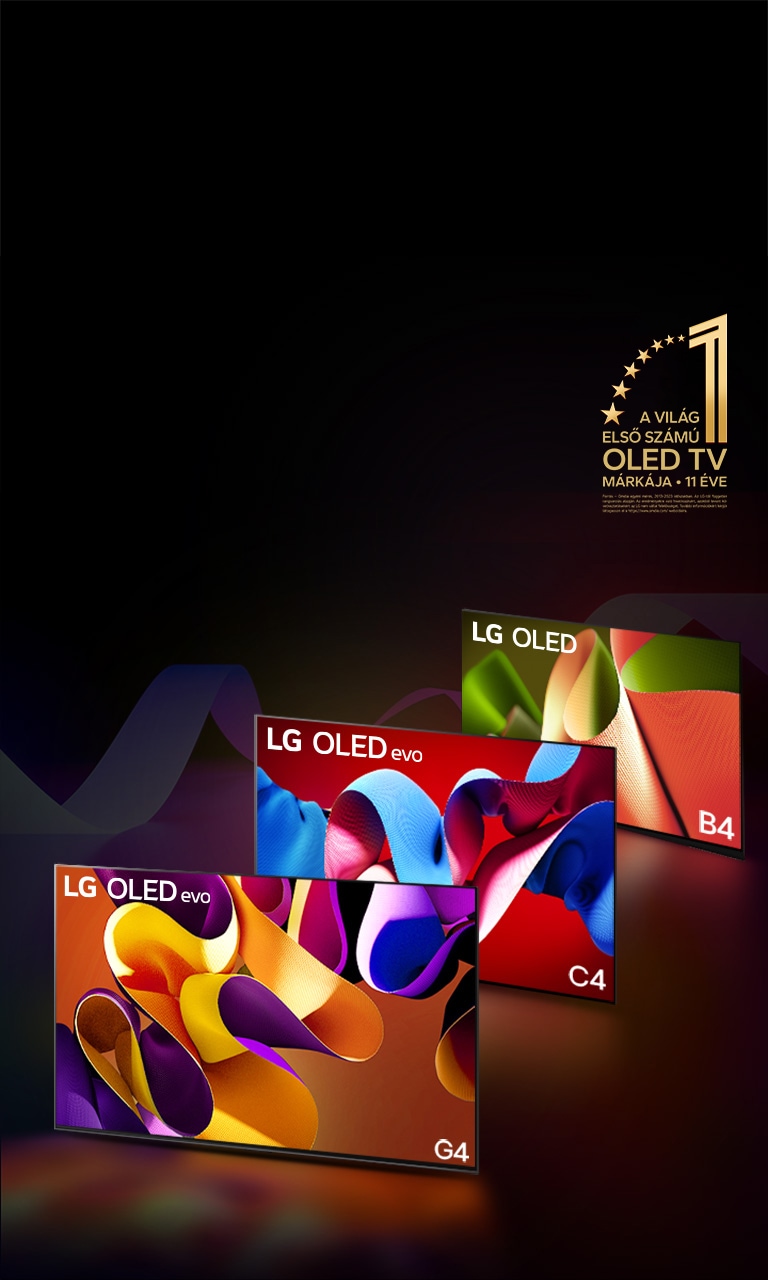 PC: LG OLED evo G4, LG OLED evo C4 és LG OLED B4 egymás mellett, mindegyikük más-más színű absztrakt műalkotást jelenít meg a képernyőn. Az egyes tévékészülékek fénye az alattuk lévő talajra vetül. A világ első számú OLED TV-je 11 éve arany embléma látható a jobb felső sarokban.  MO: LG OLED evo G4, LG OLED evo C4 és LG OLED B4 egy sorban, mindegyikük más-más színű absztrakt műalkotást jelenít meg a képernyőn. Az egyes tévékészülékek fénye az alattuk lévő talajra vetül. A világ első számú OLED TV-je 11 éve arany embléma látható a jobb felső sarokban.
