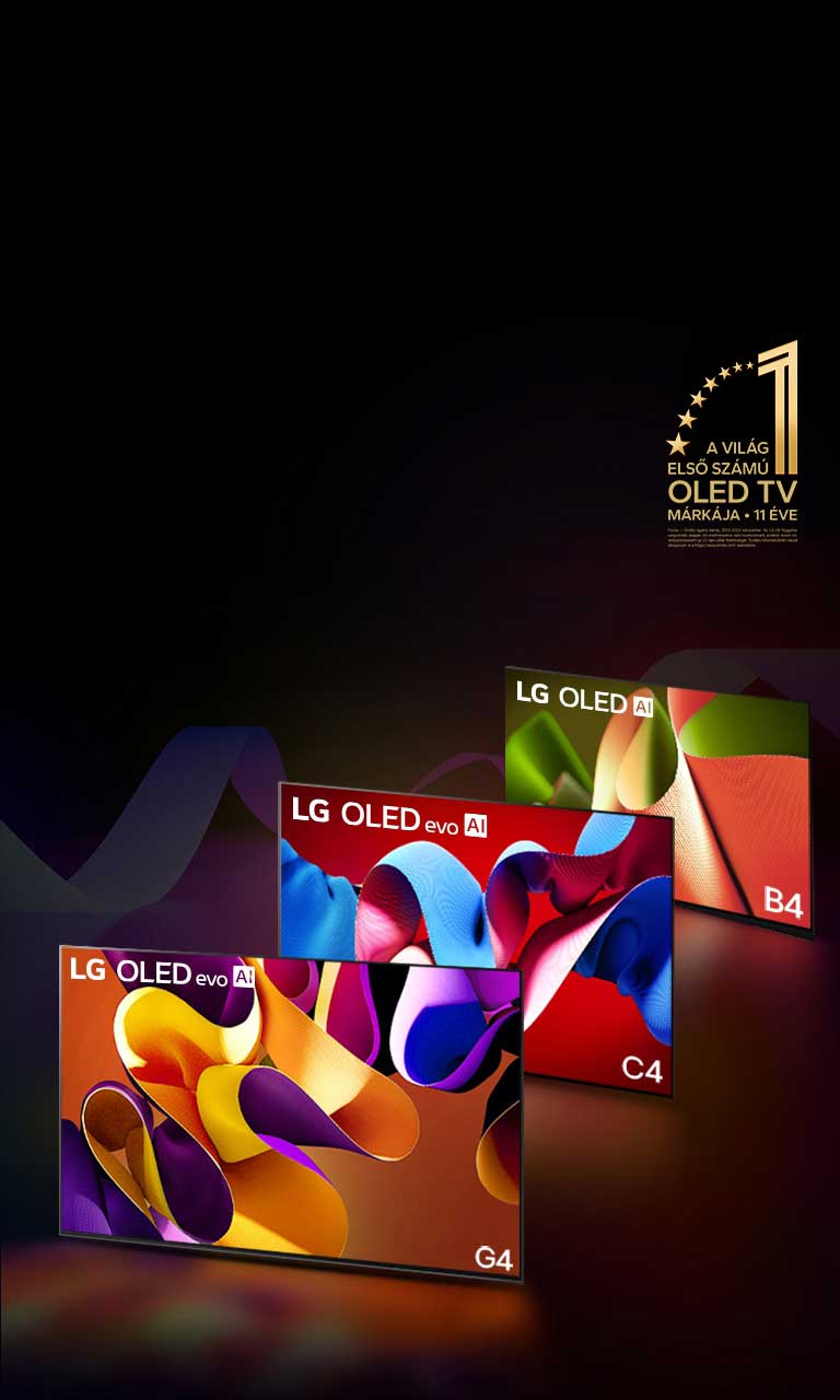 PC: LG OLED evo G4, LG OLED evo C4 és LG OLED B4 egymás mellett, mindegyikük más-más színű absztrakt műalkotást jelenít meg a képernyőn. Az egyes tévékészülékek fénye az alattuk lévő talajra vetül. A világ első számú OLED TV-je 11 éve arany embléma látható a jobb felső sarokban.  MO: LG OLED evo G4, LG OLED evo C4 és LG OLED B4 egy sorban, mindegyikük más-más színű absztrakt műalkotást jelenít meg a képernyőn. Az egyes tévékészülékek fénye az alattuk lévő talajra vetül. A világ első számú OLED TV-je 11 éve arany embléma látható a jobb felső sarokban.