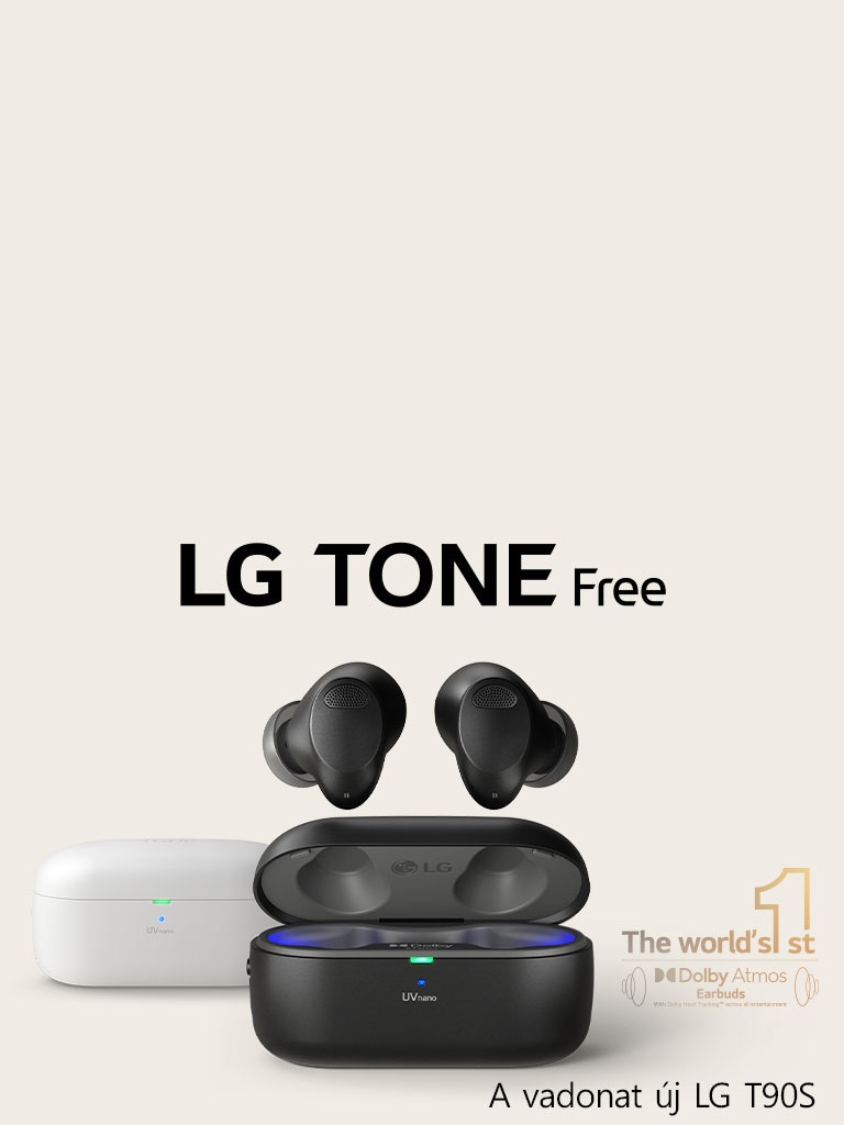 A fekete TONE Free T90S elölnézete nyitott töltődokkolóval. A fekete fülhallgatók a dizájn érdekében kiemelkednek. Mögöttük a fehér TONE Free T90S látható. A jobb alsó sarokban a világ első Dolby Atmos logója látható.