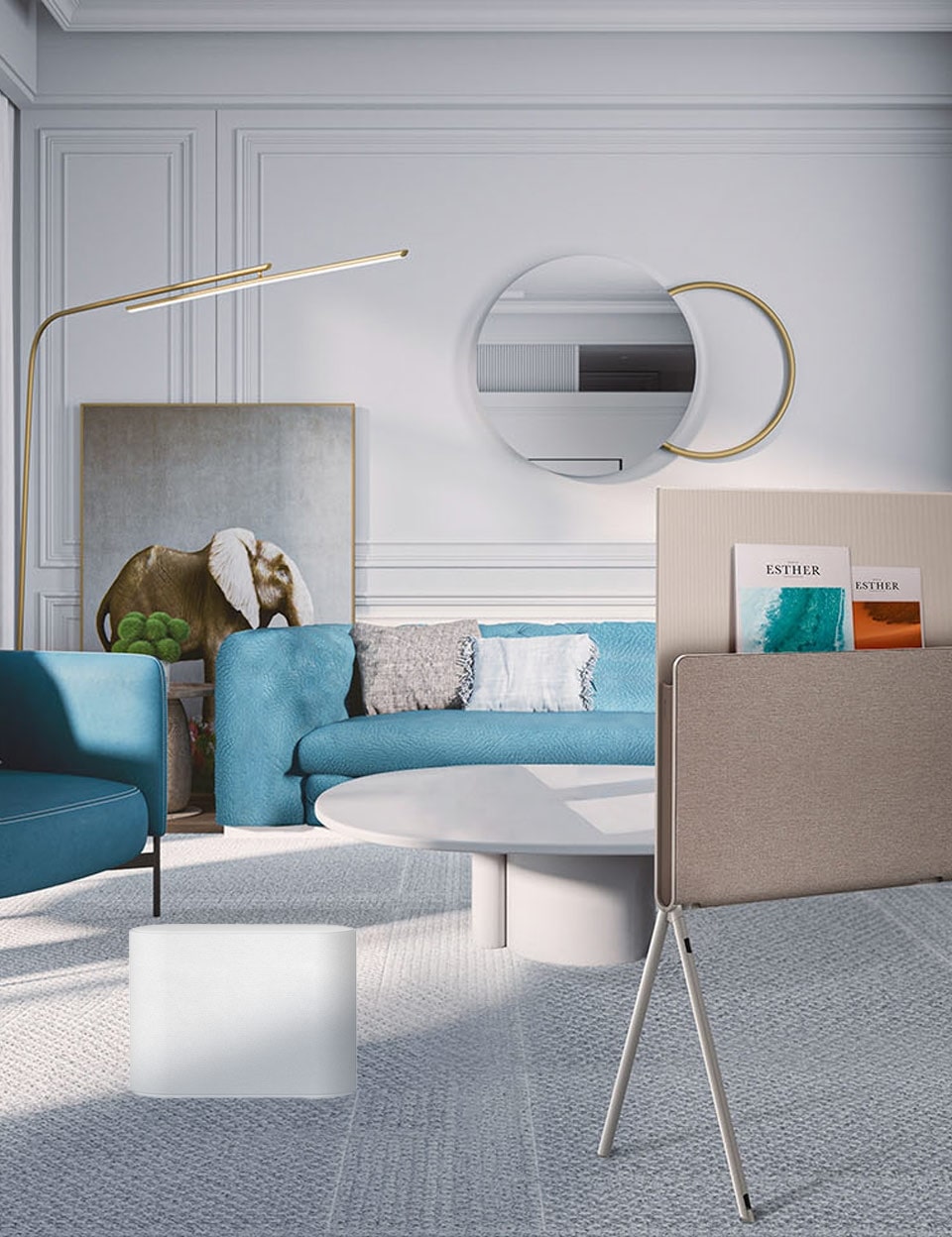 Egy művészi megjelenésű LG TV illeszkedik egy modern nappali kialakításába