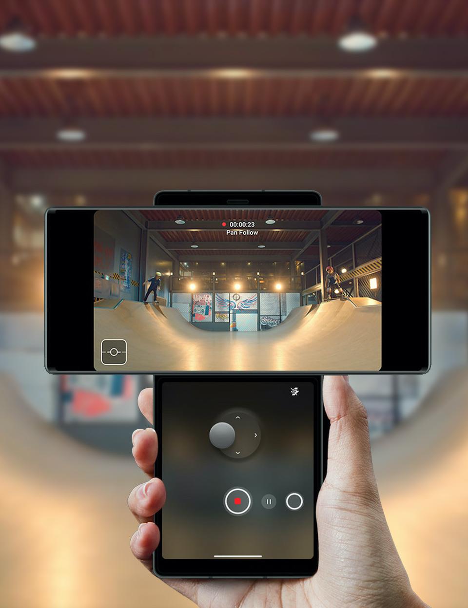 The LG WING's pan-follow mode of the gimbal motion camera feature in use at a skate park 
