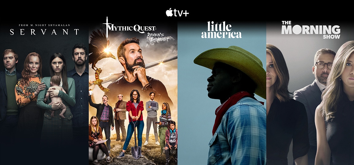 Apple TV+ logó, utána négy függőleges címkártya: Servant, Mythic Quest, Little America és The Morning Show