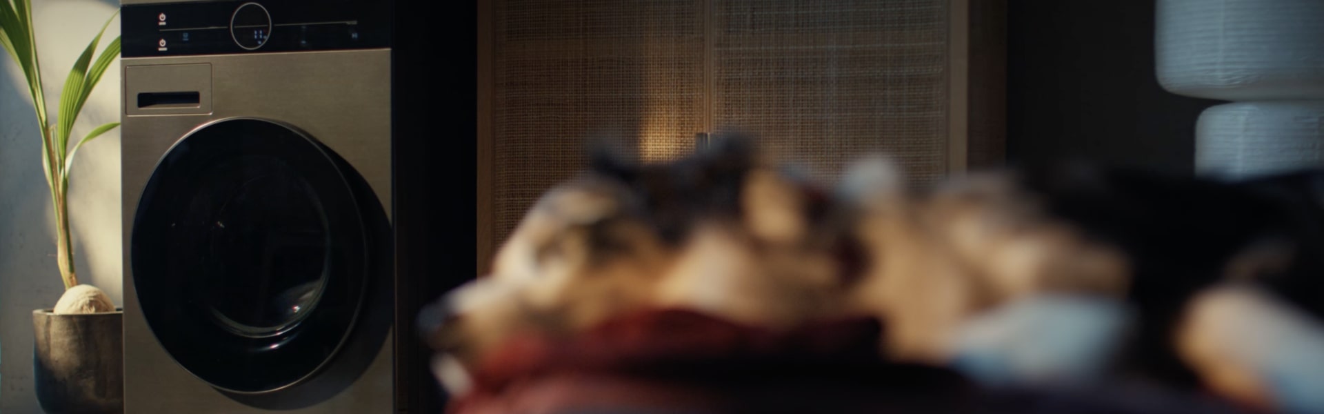 A DirectDrive technológiával felszerelt LG WashTower előtt nyugodtan alszik egy kutya.