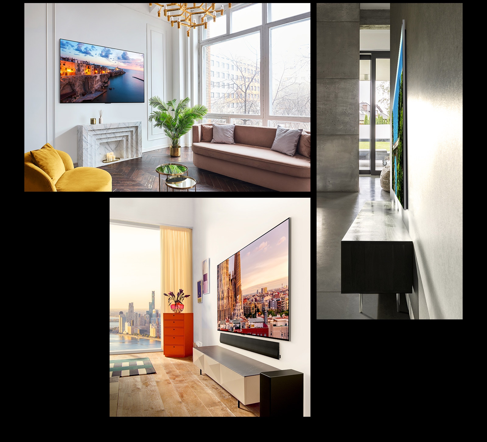 תמונה של LG OLED G3 תלויה על קיר בחדר מעוצב מציגה את העיצוב האחיד עם הקיר. מבט צד של העיצוב הדק להפליא של LG OLED G3. תמונה זוויתית של LG OLED G3 תלויה על קיר בדירה עם נוף עירוני ומתחתיה ניצב סאונד-בר.