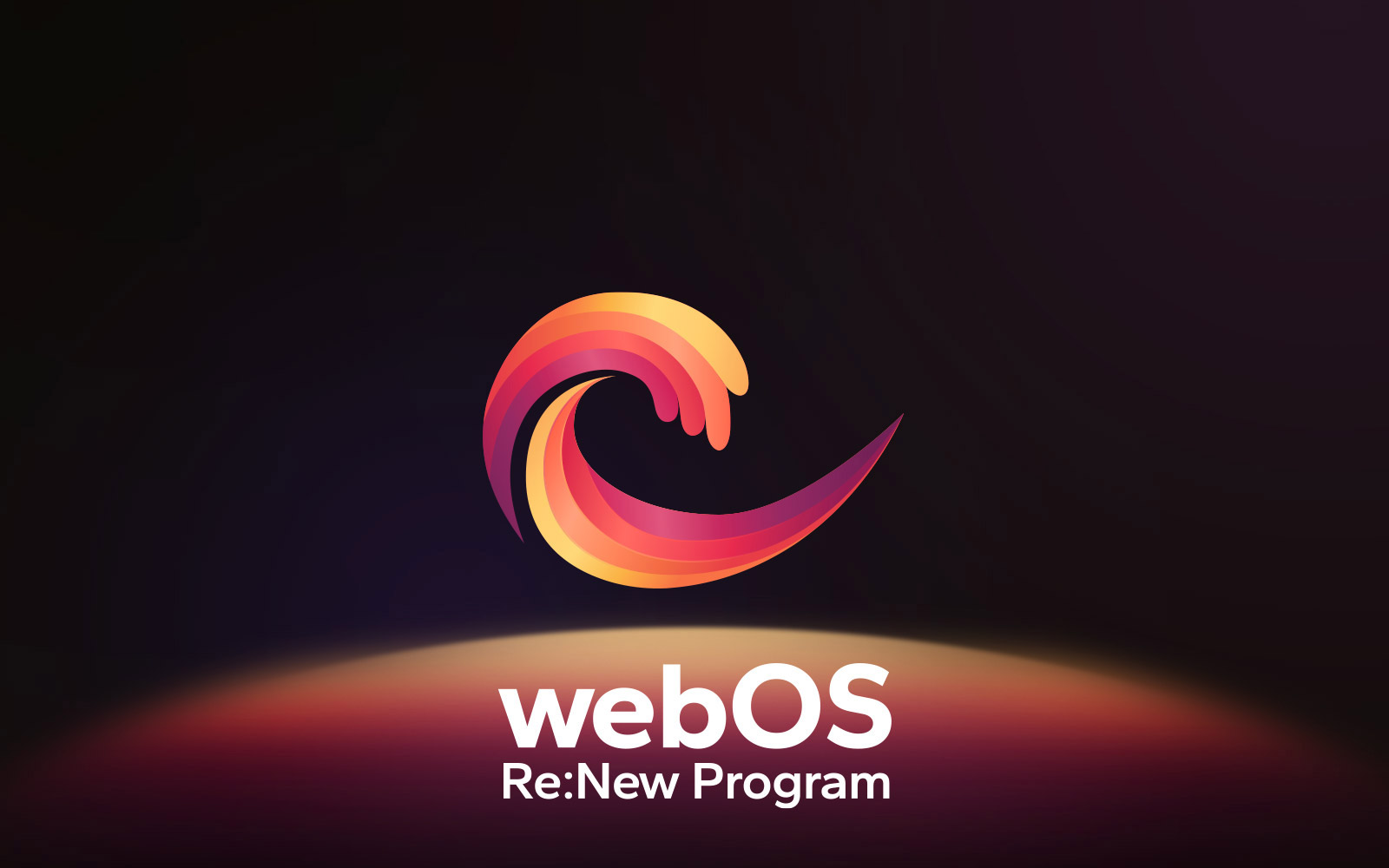 הלוגו של webOS מרחף במרכז על רקע שחור, והחלל למטה מואר בצבעי אדום, כתום וצהוב של הלוגו. המילים 'webOS Re:New Program' מופיעות מתחת ללוגו.