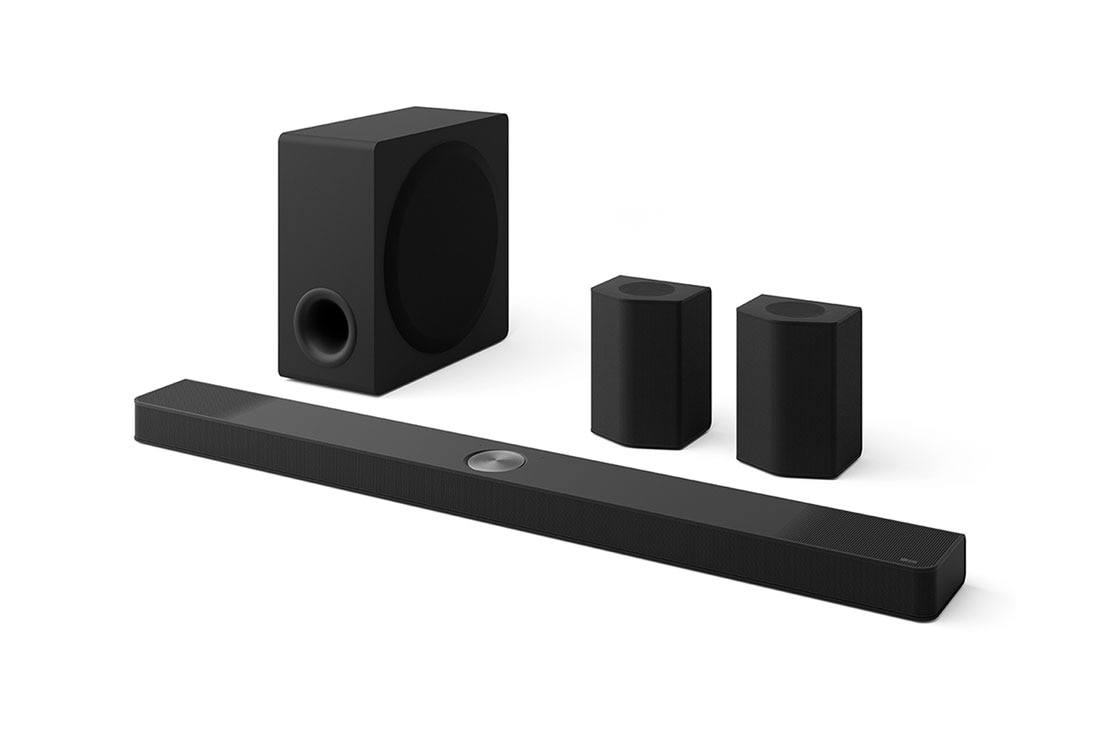 LG Soundbar לטלוויזיות, מדגם S95TR,810 W,עם Dolby Atmos ו-‏9.1.5 ערוצים, מבט קדמי על ה-Soundbar, סאב-וופר ורמקולים אחוריים, S95TR