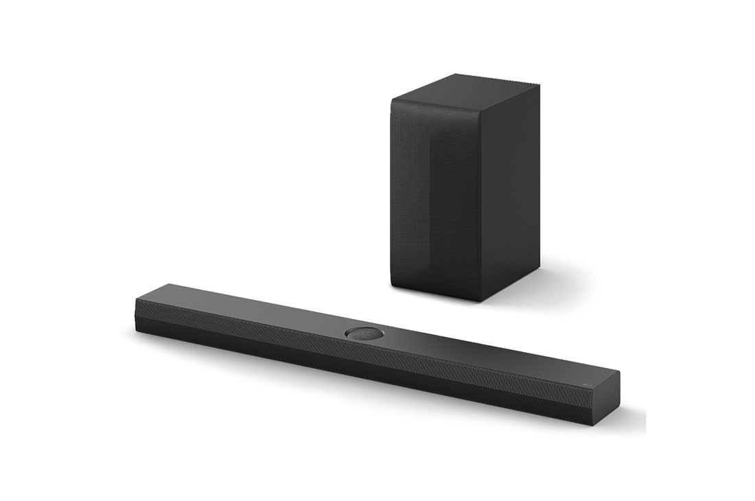 LG Soundbar לטלוויזיות, מדגם S70TY עם Dolby Atmos ו-‏3.1.1 ערוצים, מבט קדמי על LG Soundbar מדגם S70TY וסאב-וופר, S70TY