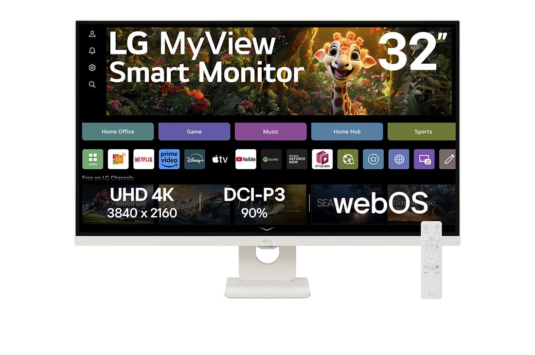 LG מסך חכם LG MyView 4K UHD IPS בגודל 32 אינץ', עם webOS, מבט קדמי עם שלט רחוק, 32SR73U-W