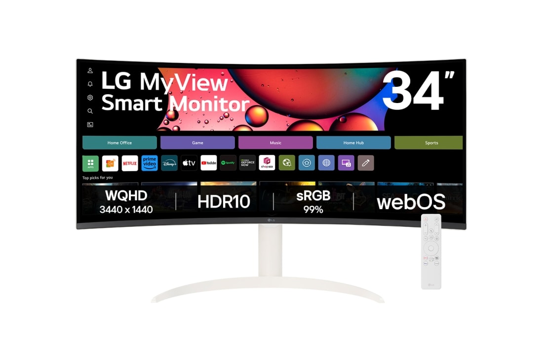 LG צג LG MyView Smart בגודל 34 אינץ' ביחס 21:9 WQHD UltraWide קעור (3440x1440) עם webOS, מבט קדמי עם שלט רחוק, 34SR65QC-W