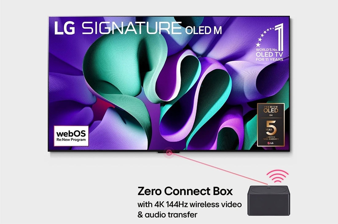 LG טלוויזיה חכמה LG OLED SIGNATURE M4 4K בגודל 83 אינץ' 2024, מבט קדמי על טלוויזיית LG OLED M4 מוצבת על המעמד ותיבת הקישוריות האלחוטית מתחתיה, על המסך מוצגים הלוגו של טלוויזיית OLED מספר 1 בעולם במשך 11 שנים ברציפות, הלוגו של webOS Re:New Program והלוגו של 5 שנו, OLED83M46LA