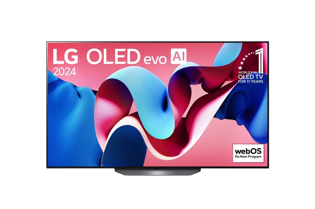 LG טלוויזיית LG OLED evo CS4 4K חכמה בגודל 65 אינץ' 2024, מבט קדמי על מסך הטלוויזיה שמוצגים עליו הסמלים של טלוויזיית LG OLED evo‏, סדרת ‏OLED CS4, טלוויזיית OLED מספר 1 בעולם במשך 11 שנים ברציפות ו-webOS Re:New Program, OLED65CS4VA