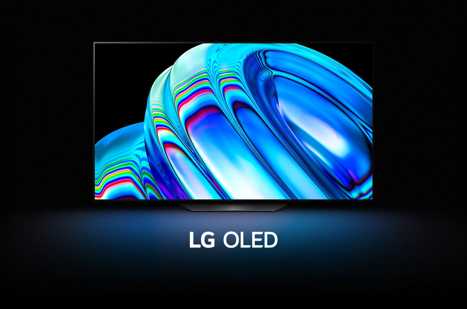 A blue abstract wave pattern fills the screen then gradually zooms out to reveal the LG OLED B2. The screen goes black then displays the wave pattern again with the words "LG OLED" underneath.