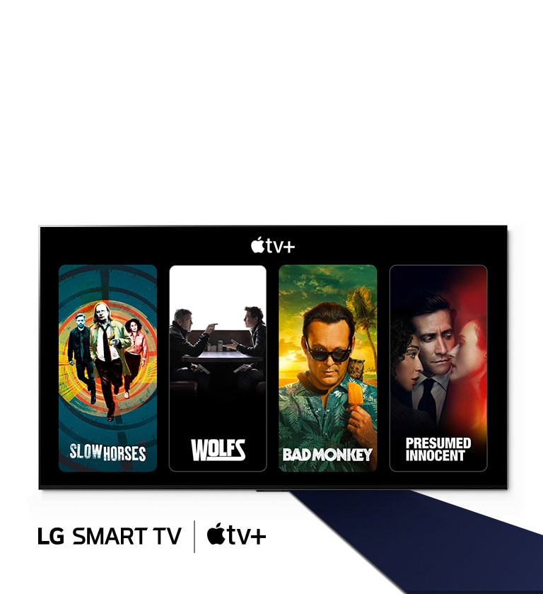 تصویر یک LG OLED TV. محتویات Apple TV+ و عنوان اصلی '3 ماه رایگان Apple TV+‎ برای تلویزیون‌های هوشمند LG دریافت کنید' روی صفحه نمایش است.